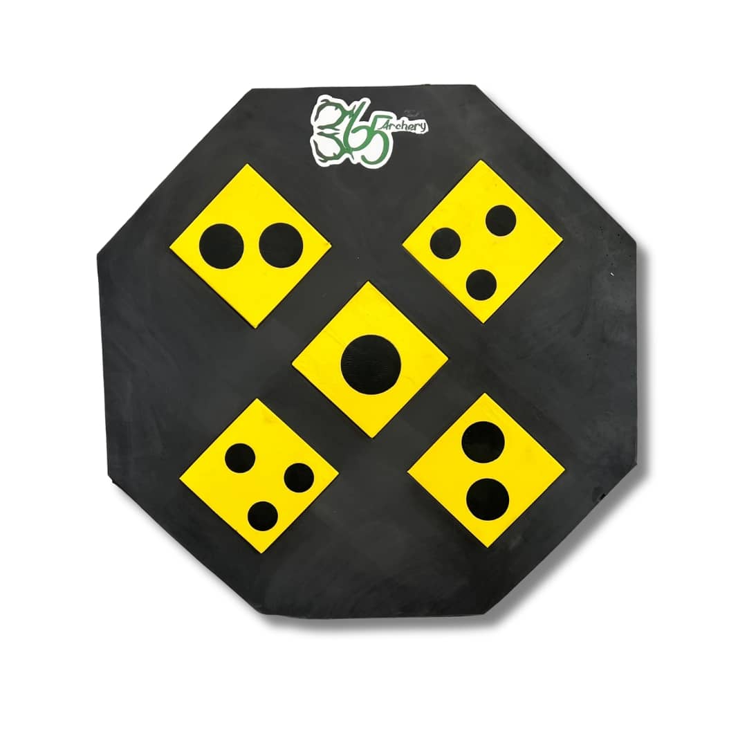 Black octagonal target with yellow dice-like shapes and a logo in the top corner on a white background
